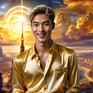 The Beautiful & Handsome Men of the Golden City, is a collection of AI generated images of sexy, glamorous, handsome guys in the heavens. On a balcony, overlooking a large golden city in the heavens. The heavenly landscape evokes a sense of magnificence, the majestic gothic architecture, is detailed and crafted to create an atmosphere of reverence and divine glory. The mystical and galactic landscape highlights the golden city. The great detail of the city and the billowing clouds. A golden river flows from the city to the end of the galaxy. A breathtaking scene of Salar de Uyuni at sunset, reflecting a vibrant gold hue. The stars and constellations sparkle in the galaxy. The city has massive, magnificent, majestic gothic architecture.
