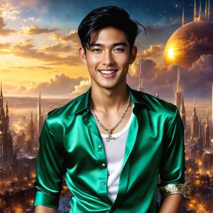 The Beautiful & Handsome Men of the Golden City, is a collection of AI generated images of sexy, glamorous, handsome guys in the heavens. On a balcony, overlooking a large golden city in the heavens. The heavenly landscape evokes a sense of magnificence, the majestic gothic architecture, is detailed and crafted to create an atmosphere of reverence and divine glory. The mystical and galactic landscape highlights the golden city. The great detail of the city and the billowing clouds. A golden river flows from the city to the end of the galaxy. A breathtaking scene of Salar de Uyuni at sunset, reflecting a vibrant gold hue. The stars and constellations sparkle in the galaxy. The city has massive, magnificent, majestic gothic architecture.