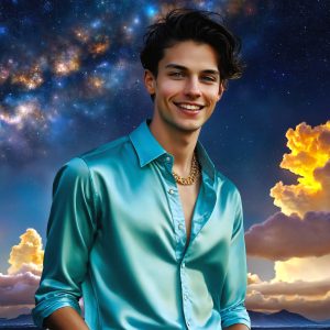 The Beautiful & Handsome Men of the Golden City, is a collection of AI generated images of sexy, glamorous, handsome guys in the heavens. On a balcony, overlooking a large golden city in the heavens. The heavenly landscape evokes a sense of magnificence, the majestic gothic architecture, is detailed and crafted to create an atmosphere of reverence and divine glory. The mystical and galactic landscape highlights the golden city. The great detail of the city and the billowing clouds. A golden river flows from the city to the end of the galaxy. A breathtaking scene of Salar de Uyuni at sunset, reflecting a vibrant gold hue. The stars and constellations sparkle in the galaxy. The city has massive, magnificent, majestic gothic architecture.