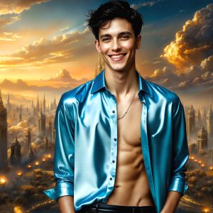 The Beautiful & Handsome Men of the Golden City, is a collection of AI generated images of sexy, glamorous, handsome guys in the heavens. On a balcony, overlooking a large golden city in the heavens. The heavenly landscape evokes a sense of magnificence, the majestic gothic architecture, is detailed and crafted to create an atmosphere of reverence and divine glory. The mystical and galactic landscape highlights the golden city. The great detail of the city and the billowing clouds. A golden river flows from the city to the end of the galaxy. A breathtaking scene of Salar de Uyuni at sunset, reflecting a vibrant gold hue. The stars and constellations sparkle in the galaxy. The city has massive, magnificent, majestic gothic architecture.