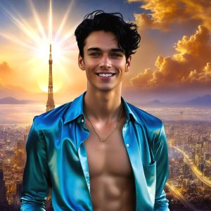 The Beautiful & Handsome Men of the Golden City, is a collection of AI generated images of sexy, glamorous, handsome guys in the heavens. On a balcony, overlooking a large golden city in the heavens. The heavenly landscape evokes a sense of magnificence, the majestic gothic architecture, is detailed and crafted to create an atmosphere of reverence and divine glory. The mystical and galactic landscape highlights the golden city. The great detail of the city and the billowing clouds. A golden river flows from the city to the end of the galaxy. A breathtaking scene of Salar de Uyuni at sunset, reflecting a vibrant gold hue. The stars and constellations sparkle in the galaxy. The city has massive, magnificent, majestic gothic architecture.
