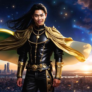 The Beautiful & Handsome Men of the Golden City, is a collection of AI generated images of sexy, glamorous, handsome guys in the heavens. On a balcony, overlooking a large golden city in the heavens. The heavenly landscape evokes a sense of magnificence, the majestic gothic architecture, is detailed and crafted to create an atmosphere of reverence and divine glory. The mystical and galactic landscape highlights the golden city. The great detail of the city and the billowing clouds. A golden river flows from the city to the end of the galaxy. A breathtaking scene of Salar de Uyuni at sunset, reflecting a vibrant gold hue. The stars and constellations sparkle in the galaxy. The city has massive, magnificent, majestic gothic architecture.