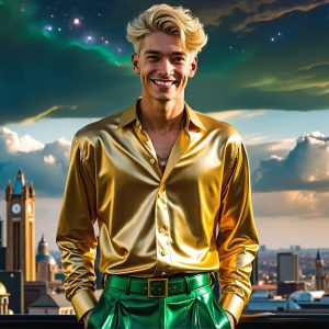 The Beautiful & Handsome Men of the Golden City, is a collection of AI generated images of sexy, glamorous, handsome guys in the heavens. On a balcony, overlooking a large golden city in the heavens. The heavenly landscape evokes a sense of magnificence, the majestic gothic architecture, is detailed and crafted to create an atmosphere of reverence and divine glory. The mystical and galactic landscape highlights the golden city. The great detail of the city and the billowing clouds. A golden river flows from the city to the end of the galaxy. A breathtaking scene of Salar de Uyuni at sunset, reflecting a vibrant gold hue. The stars and constellations sparkle in the galaxy. The city has massive, magnificent, majestic gothic architecture.
