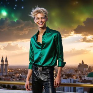 The Beautiful & Handsome Men of the Golden City, is a collection of AI generated images of sexy, glamorous, handsome guys in the heavens. On a balcony, overlooking a large golden city in the heavens. The heavenly landscape evokes a sense of magnificence, the majestic gothic architecture, is detailed and crafted to create an atmosphere of reverence and divine glory. The mystical and galactic landscape highlights the golden city. The great detail of the city and the billowing clouds. A golden river flows from the city to the end of the galaxy. A breathtaking scene of Salar de Uyuni at sunset, reflecting a vibrant gold hue. The stars and constellations sparkle in the galaxy. The city has massive, magnificent, majestic gothic architecture.