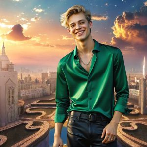 The Beautiful & Handsome Men of the Golden City, is a collection of AI generated images of sexy, glamorous, handsome guys in the heavens. On a balcony, overlooking a large golden city in the heavens. The heavenly landscape evokes a sense of magnificence, the majestic gothic architecture, is detailed and crafted to create an atmosphere of reverence and divine glory. The mystical and galactic landscape highlights the golden city. The great detail of the city and the billowing clouds. A golden river flows from the city to the end of the galaxy. A breathtaking scene of Salar de Uyuni at sunset, reflecting a vibrant gold hue. The stars and constellations sparkle in the galaxy. The city has massive, magnificent, majestic gothic architecture.