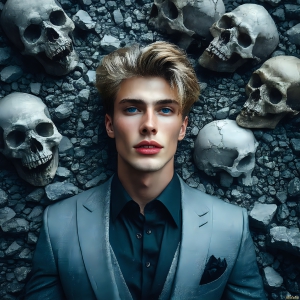 The Vampire Lestat de Lioncourt, created by Anne Rice, is a fascinating and complex character in The Vampire Chronicles novels. He's known for his captivating blend of vampiric existence and a lingering humanity. From Interview with a Vampire, The Vampire Lestat, and Queen of the Damned novels. I've created a series of images that I feel represent the man behind the vampire. In the midst of the darkness, a scary figure emerges with an aura of power and magnetism. Around his neck, a bold silver necklace glimmers, adding a touch of regal elegance to his dark ensemble. His lips, a vivid shade of red, open slightly to reveal his true nature, as he reveals his fangs, and a predatory grin from his stunningly handsome face, hinting at his primal nature. Strands of hair cascade around his face, capturing the silvery glow of the bright moonlight, and adding a touch of mystery to his intense visage, as they blow back in the wind.