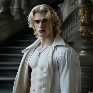 The Vampire Lestat de Lioncourt, created by Anne Rice, is a fascinating and complex character in The Vampire Chronicles novels. He's known for his captivating blend of vampiric existence and a lingering humanity. From Interview with a Vampire, The Vampire Lestat, and Queen of the Damned novels. I've created a series of images that I feel represent the man behind the vampire. In the midst of the darkness, a scary figure emerges with an aura of power and magnetism. Around his neck, a bold silver necklace glimmers, adding a touch of regal elegance to his dark ensemble. His lips, a vivid shade of red, open slightly to reveal his true nature, as he reveals his fangs, and a predatory grin from his stunningly handsome face, hinting at his primal nature. Strands of hair cascade around his face, capturing the silvery glow of the bright moonlight, and adding a touch of mystery to his intense visage, as they blow back in the wind.