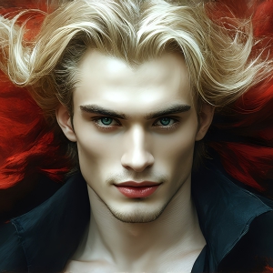 The Vampire Lestat de Lioncourt, created by Anne Rice, is a fascinating and complex character in The Vampire Chronicles novels. He's known for his captivating blend of vampiric existence and a lingering humanity. From Interview with a Vampire, The Vampire Lestat, and Queen of the Damned novels. I've created a series of images that I feel represent the man behind the vampire. In the midst of the darkness, a scary figure emerges with an aura of power and magnetism. Around his neck, a bold silver necklace glimmers, adding a touch of regal elegance to his dark ensemble. His lips, a vivid shade of red, open slightly to reveal his true nature, as he reveals his fangs, and a predatory grin from his stunningly handsome face, hinting at his primal nature. Strands of hair cascade around his face, capturing the silvery glow of the bright moonlight, and adding a touch of mystery to his intense visage, as they blow back in the wind.