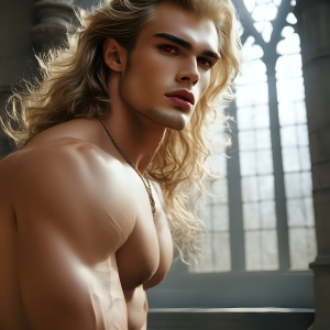 The Vampire Lestat de Lioncourt, created by Anne Rice, is a fascinating and complex character in The Vampire Chronicles novels. He's known for his captivating blend of vampiric existence and a lingering humanity. From Interview with a Vampire, The Vampire Lestat, and Queen of the Damned novels. I've created a series of images that I feel represent the man behind the vampire. In the midst of the darkness, a scary figure emerges with an aura of power and magnetism. Around his neck, a bold silver necklace glimmers, adding a touch of regal elegance to his dark ensemble. His lips, a vivid shade of red, open slightly to reveal his true nature, as he reveals his fangs, and a predatory grin from his stunningly handsome face, hinting at his primal nature. Strands of hair cascade around his face, capturing the silvery glow of the bright moonlight, and adding a touch of mystery to his intense visage, as they blow back in the wind.