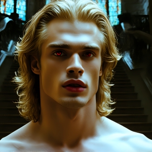 The Vampire Lestat de Lioncourt, created by Anne Rice, is a fascinating and complex character in The Vampire Chronicles novels. He's known for his captivating blend of vampiric existence and a lingering humanity. From Interview with a Vampire, The Vampire Lestat, and Queen of the Damned novels. I've created a series of images that I feel represent the man behind the vampire. In the midst of the darkness, a scary figure emerges with an aura of power and magnetism. Around his neck, a bold silver necklace glimmers, adding a touch of regal elegance to his dark ensemble. His lips, a vivid shade of red, open slightly to reveal his true nature, as he reveals his fangs, and a predatory grin from his stunningly handsome face, hinting at his primal nature. Strands of hair cascade around his face, capturing the silvery glow of the bright moonlight, and adding a touch of mystery to his intense visage, as they blow back in the wind.