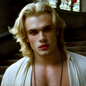 The Vampire Lestat de Lioncourt, created by Anne Rice, is a fascinating and complex character in The Vampire Chronicles novels. He's known for his captivating blend of vampiric existence and a lingering humanity. From Interview with a Vampire, The Vampire Lestat, and Queen of the Damned novels. I've created a series of images that I feel represent the man behind the vampire. In the midst of the darkness, a scary figure emerges with an aura of power and magnetism. Around his neck, a bold silver necklace glimmers, adding a touch of regal elegance to his dark ensemble. His lips, a vivid shade of red, open slightly to reveal his true nature, as he reveals his fangs, and a predatory grin from his stunningly handsome face, hinting at his primal nature. Strands of hair cascade around his face, capturing the silvery glow of the bright moonlight, and adding a touch of mystery to his intense visage, as they blow back in the wind.