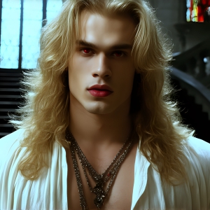 The Vampire Lestat de Lioncourt, created by Anne Rice, is a fascinating and complex character in The Vampire Chronicles novels. He's known for his captivating blend of vampiric existence and a lingering humanity. From Interview with a Vampire, The Vampire Lestat, and Queen of the Damned novels. I've created a series of images that I feel represent the man behind the vampire. In the midst of the darkness, a scary figure emerges with an aura of power and magnetism. Around his neck, a bold silver necklace glimmers, adding a touch of regal elegance to his dark ensemble. His lips, a vivid shade of red, open slightly to reveal his true nature, as he reveals his fangs, and a predatory grin from his stunningly handsome face, hinting at his primal nature. Strands of hair cascade around his face, capturing the silvery glow of the bright moonlight, and adding a touch of mystery to his intense visage, as they blow back in the wind.