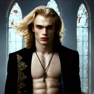 The Vampire Lestat de Lioncourt, created by Anne Rice, is a fascinating and complex character in The Vampire Chronicles novels. He's known for his captivating blend of vampiric existence and a lingering humanity. From Interview with a Vampire, The Vampire Lestat, and Queen of the Damned novels. I've created a series of images that I feel represent the man behind the vampire. In the midst of the darkness, a scary figure emerges with an aura of power and magnetism. Around his neck, a bold silver necklace glimmers, adding a touch of regal elegance to his dark ensemble. His lips, a vivid shade of red, open slightly to reveal his true nature, as he reveals his fangs, and a predatory grin from his stunningly handsome face, hinting at his primal nature. Strands of hair cascade around his face, capturing the silvery glow of the bright moonlight, and adding a touch of mystery to his intense visage, as they blow back in the wind.