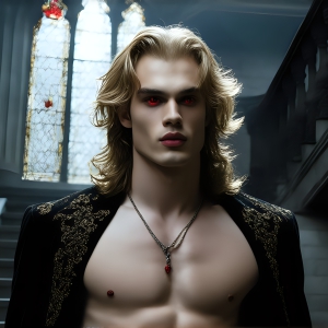 The Vampire Lestat de Lioncourt, created by Anne Rice, is a fascinating and complex character in The Vampire Chronicles novels. He's known for his captivating blend of vampiric existence and a lingering humanity. From Interview with a Vampire, The Vampire Lestat, and Queen of the Damned novels. I've created a series of images that I feel represent the man behind the vampire. In the midst of the darkness, a scary figure emerges with an aura of power and magnetism. Around his neck, a bold silver necklace glimmers, adding a touch of regal elegance to his dark ensemble. His lips, a vivid shade of red, open slightly to reveal his true nature, as he reveals his fangs, and a predatory grin from his stunningly handsome face, hinting at his primal nature. Strands of hair cascade around his face, capturing the silvery glow of the bright moonlight, and adding a touch of mystery to his intense visage, as they blow back in the wind.