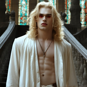 The Vampire Lestat de Lioncourt, created by Anne Rice, is a fascinating and complex character in The Vampire Chronicles novels. He's known for his captivating blend of vampiric existence and a lingering humanity. From Interview with a Vampire, The Vampire Lestat, and Queen of the Damned novels. I've created a series of images that I feel represent the man behind the vampire. In the midst of the darkness, a scary figure emerges with an aura of power and magnetism. Around his neck, a bold silver necklace glimmers, adding a touch of regal elegance to his dark ensemble. His lips, a vivid shade of red, open slightly to reveal his true nature, as he reveals his fangs, and a predatory grin from his stunningly handsome face, hinting at his primal nature. Strands of hair cascade around his face, capturing the silvery glow of the bright moonlight, and adding a touch of mystery to his intense visage, as they blow back in the wind.