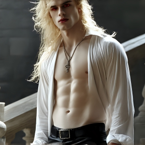 The Vampire Lestat de Lioncourt, created by Anne Rice, is a fascinating and complex character in The Vampire Chronicles novels. He's known for his captivating blend of vampiric existence and a lingering humanity. From Interview with a Vampire, The Vampire Lestat, and Queen of the Damned novels. I've created a series of images that I feel represent the man behind the vampire. In the midst of the darkness, a scary figure emerges with an aura of power and magnetism. Around his neck, a bold silver necklace glimmers, adding a touch of regal elegance to his dark ensemble. His lips, a vivid shade of red, open slightly to reveal his true nature, as he reveals his fangs, and a predatory grin from his stunningly handsome face, hinting at his primal nature. Strands of hair cascade around his face, capturing the silvery glow of the bright moonlight, and adding a touch of mystery to his intense visage, as they blow back in the wind.