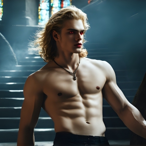 The Vampire Lestat de Lioncourt, created by Anne Rice, is a fascinating and complex character in The Vampire Chronicles novels. He's known for his captivating blend of vampiric existence and a lingering humanity. From Interview with a Vampire, The Vampire Lestat, and Queen of the Damned novels. I've created a series of images that I feel represent the man behind the vampire. In the midst of the darkness, a scary figure emerges with an aura of power and magnetism. Around his neck, a bold silver necklace glimmers, adding a touch of regal elegance to his dark ensemble. His lips, a vivid shade of red, open slightly to reveal his true nature, as he reveals his fangs, and a predatory grin from his stunningly handsome face, hinting at his primal nature. Strands of hair cascade around his face, capturing the silvery glow of the bright moonlight, and adding a touch of mystery to his intense visage, as they blow back in the wind.