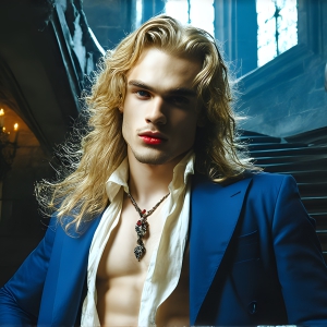 The Vampire Lestat de Lioncourt, created by Anne Rice, is a fascinating and complex character in The Vampire Chronicles novels. He's known for his captivating blend of vampiric existence and a lingering humanity. From Interview with a Vampire, The Vampire Lestat, and Queen of the Damned novels. I've created a series of images that I feel represent the man behind the vampire. In the midst of the darkness, a scary figure emerges with an aura of power and magnetism. Around his neck, a bold silver necklace glimmers, adding a touch of regal elegance to his dark ensemble. His lips, a vivid shade of red, open slightly to reveal his true nature, as he reveals his fangs, and a predatory grin from his stunningly handsome face, hinting at his primal nature. Strands of hair cascade around his face, capturing the silvery glow of the bright moonlight, and adding a touch of mystery to his intense visage, as they blow back in the wind.