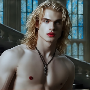 The Vampire Lestat de Lioncourt, created by Anne Rice, is a fascinating and complex character in The Vampire Chronicles novels. He's known for his captivating blend of vampiric existence and a lingering humanity. From Interview with a Vampire, The Vampire Lestat, and Queen of the Damned novels. I've created a series of images that I feel represent the man behind the vampire. In the midst of the darkness, a scary figure emerges with an aura of power and magnetism. Around his neck, a bold silver necklace glimmers, adding a touch of regal elegance to his dark ensemble. His lips, a vivid shade of red, open slightly to reveal his true nature, as he reveals his fangs, and a predatory grin from his stunningly handsome face, hinting at his primal nature. Strands of hair cascade around his face, capturing the silvery glow of the bright moonlight, and adding a touch of mystery to his intense visage, as they blow back in the wind.