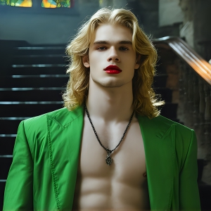 The Vampire Lestat de Lioncourt, created by Anne Rice, is a fascinating and complex character in The Vampire Chronicles novels. He's known for his captivating blend of vampiric existence and a lingering humanity. From Interview with a Vampire, The Vampire Lestat, and Queen of the Damned novels. I've created a series of images that I feel represent the man behind the vampire. In the midst of the darkness, a scary figure emerges with an aura of power and magnetism. Around his neck, a bold silver necklace glimmers, adding a touch of regal elegance to his dark ensemble. His lips, a vivid shade of red, open slightly to reveal his true nature, as he reveals his fangs, and a predatory grin from his stunningly handsome face, hinting at his primal nature. Strands of hair cascade around his face, capturing the silvery glow of the bright moonlight, and adding a touch of mystery to his intense visage, as they blow back in the wind.