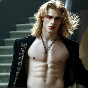 The Vampire Lestat de Lioncourt, created by Anne Rice, is a fascinating and complex character in The Vampire Chronicles novels. He's known for his captivating blend of vampiric existence and a lingering humanity. From Interview with a Vampire, The Vampire Lestat, and Queen of the Damned novels. I've created a series of images that I feel represent the man behind the vampire. In the midst of the darkness, a scary figure emerges with an aura of power and magnetism. Around his neck, a bold silver necklace glimmers, adding a touch of regal elegance to his dark ensemble. His lips, a vivid shade of red, open slightly to reveal his true nature, as he reveals his fangs, and a predatory grin from his stunningly handsome face, hinting at his primal nature. Strands of hair cascade around his face, capturing the silvery glow of the bright moonlight, and adding a touch of mystery to his intense visage, as they blow back in the wind.