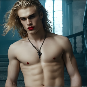 The Vampire Lestat de Lioncourt, created by Anne Rice, is a fascinating and complex character in The Vampire Chronicles novels. He's known for his captivating blend of vampiric existence and a lingering humanity. From Interview with a Vampire, The Vampire Lestat, and Queen of the Damned novels. I've created a series of images that I feel represent the man behind the vampire. In the midst of the darkness, a scary figure emerges with an aura of power and magnetism. Around his neck, a bold silver necklace glimmers, adding a touch of regal elegance to his dark ensemble. His lips, a vivid shade of red, open slightly to reveal his true nature, as he reveals his fangs, and a predatory grin from his stunningly handsome face, hinting at his primal nature. Strands of hair cascade around his face, capturing the silvery glow of the bright moonlight, and adding a touch of mystery to his intense visage, as they blow back in the wind.