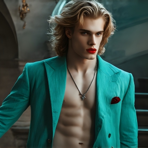 The Vampire Lestat de Lioncourt, created by Anne Rice, is a fascinating and complex character in The Vampire Chronicles novels. He's known for his captivating blend of vampiric existence and a lingering humanity. From Interview with a Vampire, The Vampire Lestat, and Queen of the Damned novels. I've created a series of images that I feel represent the man behind the vampire. In the midst of the darkness, a scary figure emerges with an aura of power and magnetism. Around his neck, a bold silver necklace glimmers, adding a touch of regal elegance to his dark ensemble. His lips, a vivid shade of red, open slightly to reveal his true nature, as he reveals his fangs, and a predatory grin from his stunningly handsome face, hinting at his primal nature. Strands of hair cascade around his face, capturing the silvery glow of the bright moonlight, and adding a touch of mystery to his intense visage, as they blow back in the wind.