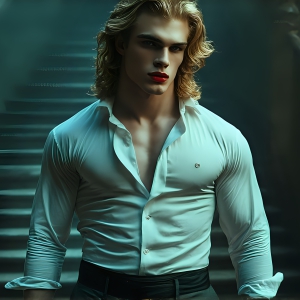 The Vampire Lestat de Lioncourt, created by Anne Rice, is a fascinating and complex character in The Vampire Chronicles novels. He's known for his captivating blend of vampiric existence and a lingering humanity. From Interview with a Vampire, The Vampire Lestat, and Queen of the Damned novels. I've created a series of images that I feel represent the man behind the vampire. In the midst of the darkness, a scary figure emerges with an aura of power and magnetism. Around his neck, a bold silver necklace glimmers, adding a touch of regal elegance to his dark ensemble. His lips, a vivid shade of red, open slightly to reveal his true nature, as he reveals his fangs, and a predatory grin from his stunningly handsome face, hinting at his primal nature. Strands of hair cascade around his face, capturing the silvery glow of the bright moonlight, and adding a touch of mystery to his intense visage, as they blow back in the wind.