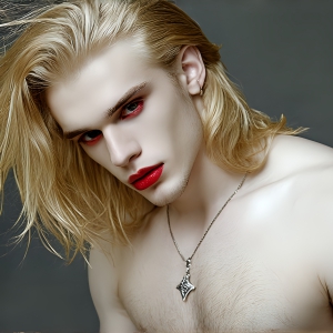 The Vampire Lestat de Lioncourt, created by Anne Rice, is a fascinating and complex character in The Vampire Chronicles novels. He's known for his captivating blend of vampiric existence and a lingering humanity. From Interview with a Vampire, The Vampire Lestat, and Queen of the Damned novels. I've created a series of images that I feel represent the man behind the vampire. In the midst of the darkness, a scary figure emerges with an aura of power and magnetism. Around his neck, a bold silver necklace glimmers, adding a touch of regal elegance to his dark ensemble. His lips, a vivid shade of red, open slightly to reveal his true nature, as he reveals his fangs, and a predatory grin from his stunningly handsome face, hinting at his primal nature. Strands of hair cascade around his face, capturing the silvery glow of the bright moonlight, and adding a touch of mystery to his intense visage, as they blow back in the wind.