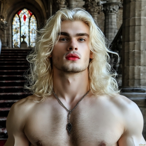 The Vampire Lestat de Lioncourt, created by Anne Rice, is a fascinating and complex character in The Vampire Chronicles novels. He's known for his captivating blend of vampiric existence and a lingering humanity. From Interview with a Vampire, The Vampire Lestat, and Queen of the Damned novels. I've created a series of images that I feel represent the man behind the vampire. In the midst of the darkness, a scary figure emerges with an aura of power and magnetism. Around his neck, a bold silver necklace glimmers, adding a touch of regal elegance to his dark ensemble. His lips, a vivid shade of red, open slightly to reveal his true nature, as he reveals his fangs, and a predatory grin from his stunningly handsome face, hinting at his primal nature. Strands of hair cascade around his face, capturing the silvery glow of the bright moonlight, and adding a touch of mystery to his intense visage, as they blow back in the wind.