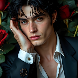 The Vampire Lestat de Lioncourt, created by Anne Rice, is a fascinating and complex character in The Vampire Chronicles novels. He's known for his captivating blend of vampiric existence and a lingering humanity. From Interview with a Vampire, The Vampire Lestat, and Queen of the Damned novels. I've created a series of images that I feel represent the man behind the vampire. In the midst of the darkness, a scary figure emerges with an aura of power and magnetism. Around his neck, a bold silver necklace glimmers, adding a touch of regal elegance to his dark ensemble. His lips, a vivid shade of red, open slightly to reveal his true nature, as he reveals his fangs, and a predatory grin from his stunningly handsome face, hinting at his primal nature. Strands of hair cascade around his face, capturing the silvery glow of the bright moonlight, and adding a touch of mystery to his intense visage, as they blow back in the wind.