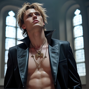 The Vampire Lestat de Lioncourt, created by Anne Rice, is a fascinating and complex character in The Vampire Chronicles novels. He's known for his captivating blend of vampiric existence and a lingering humanity. From Interview with a Vampire, The Vampire Lestat, and Queen of the Damned novels. I've created a series of images that I feel represent the man behind the vampire. In the midst of the darkness, a scary figure emerges with an aura of power and magnetism. Around his neck, a bold silver necklace glimmers, adding a touch of regal elegance to his dark ensemble. His lips, a vivid shade of red, open slightly to reveal his true nature, as he reveals his fangs, and a predatory grin from his stunningly handsome face, hinting at his primal nature. Strands of hair cascade around his face, capturing the silvery glow of the bright moonlight, and adding a touch of mystery to his intense visage, as they blow back in the wind.