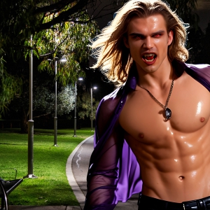 The Vampire Lestat de Lioncourt, created by Anne Rice, is a fascinating and complex character in The Vampire Chronicles novels. He's known for his captivating blend of vampiric existence and a lingering humanity. From Interview with a Vampire, The Vampire Lestat, and Queen of the Damned novels. I've created a series of images that I feel represent the man behind the vampire. In the midst of the darkness, a scary figure emerges with an aura of power and magnetism. Around his neck, a bold silver necklace glimmers, adding a touch of regal elegance to his dark ensemble. His lips, a vivid shade of red, open slightly to reveal his true nature, as he reveals his fangs, and a predatory grin from his stunningly handsome face, hinting at his primal nature. Strands of hair cascade around his face, capturing the silvery glow of the bright moonlight, and adding a touch of mystery to his intense visage, as they blow back in the wind.