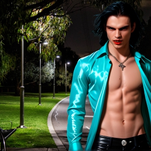 The Vampire Lestat de Lioncourt, created by Anne Rice, is a fascinating and complex character in The Vampire Chronicles novels. He's known for his captivating blend of vampiric existence and a lingering humanity. From Interview with a Vampire, The Vampire Lestat, and Queen of the Damned novels. I've created a series of images that I feel represent the man behind the vampire. In the midst of the darkness, a scary figure emerges with an aura of power and magnetism. Around his neck, a bold silver necklace glimmers, adding a touch of regal elegance to his dark ensemble. His lips, a vivid shade of red, open slightly to reveal his true nature, as he reveals his fangs, and a predatory grin from his stunningly handsome face, hinting at his primal nature. Strands of hair cascade around his face, capturing the silvery glow of the bright moonlight, and adding a touch of mystery to his intense visage, as they blow back in the wind.