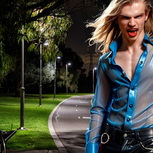 The Vampire Lestat de Lioncourt, created by Anne Rice, is a fascinating and complex character in The Vampire Chronicles novels. He's known for his captivating blend of vampiric existence and a lingering humanity. From Interview with a Vampire, The Vampire Lestat, and Queen of the Damned novels. I've created a series of images that I feel represent the man behind the vampire. In the midst of the darkness, a scary figure emerges with an aura of power and magnetism. Around his neck, a bold silver necklace glimmers, adding a touch of regal elegance to his dark ensemble. His lips, a vivid shade of red, open slightly to reveal his true nature, as he reveals his fangs, and a predatory grin from his stunningly handsome face, hinting at his primal nature. Strands of hair cascade around his face, capturing the silvery glow of the bright moonlight, and adding a touch of mystery to his intense visage, as they blow back in the wind.