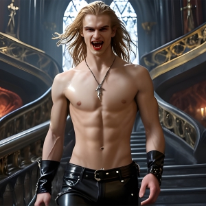 The Vampire Lestat de Lioncourt, created by Anne Rice, is a fascinating and complex character in The Vampire Chronicles novels. He's known for his captivating blend of vampiric existence and a lingering humanity. From Interview with a Vampire, The Vampire Lestat, and Queen of the Damned novels. I've created a series of images that I feel represent the man behind the vampire. In the midst of the darkness, a scary figure emerges with an aura of power and magnetism. Around his neck, a bold silver necklace glimmers, adding a touch of regal elegance to his dark ensemble. His lips, a vivid shade of red, open slightly to reveal his true nature, as he reveals his fangs, and a predatory grin from his stunningly handsome face, hinting at his primal nature. Strands of hair cascade around his face, capturing the silvery glow of the bright moonlight, and adding a touch of mystery to his intense visage, as they blow back in the wind.