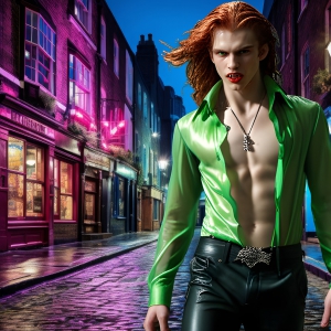 The Vampire Lestat de Lioncourt, created by Anne Rice, is a fascinating and complex character in The Vampire Chronicles novels. He's known for his captivating blend of vampiric existence and a lingering humanity. From Interview with a Vampire, The Vampire Lestat, and Queen of the Damned novels. I've created a series of images that I feel represent the man behind the vampire. In the midst of the darkness, a scary figure emerges with an aura of power and magnetism. Around his neck, a bold silver necklace glimmers, adding a touch of regal elegance to his dark ensemble. His lips, a vivid shade of red, open slightly to reveal his true nature, as he reveals his fangs, and a predatory grin from his stunningly handsome face, hinting at his primal nature. Strands of hair cascade around his face, capturing the silvery glow of the bright moonlight, and adding a touch of mystery to his intense visage, as they blow back in the wind.