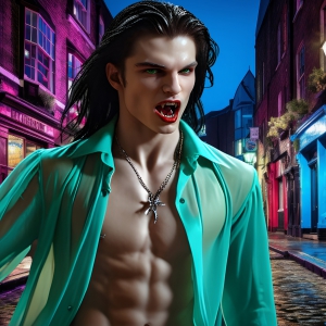 The Vampire Lestat de Lioncourt, created by Anne Rice, is a fascinating and complex character in The Vampire Chronicles novels. He's known for his captivating blend of vampiric existence and a lingering humanity. From Interview with a Vampire, The Vampire Lestat, and Queen of the Damned novels. I've created a series of images that I feel represent the man behind the vampire. In the midst of the darkness, a scary figure emerges with an aura of power and magnetism. Around his neck, a bold silver necklace glimmers, adding a touch of regal elegance to his dark ensemble. His lips, a vivid shade of red, open slightly to reveal his true nature, as he reveals his fangs, and a predatory grin from his stunningly handsome face, hinting at his primal nature. Strands of hair cascade around his face, capturing the silvery glow of the bright moonlight, and adding a touch of mystery to his intense visage, as they blow back in the wind.