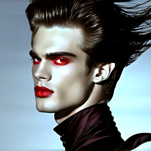 The Vampire Lestat de Lioncourt, created by Anne Rice, is a fascinating and complex character in The Vampire Chronicles novels. He's known for his captivating blend of vampiric existence and a lingering humanity. From Interview with a Vampire, The Vampire Lestat, and Queen of the Damned novels. I've created a series of images that I feel represent the man behind the vampire. In the midst of the darkness, a scary figure emerges with an aura of power and magnetism. Around his neck, a bold silver necklace glimmers, adding a touch of regal elegance to his dark ensemble. His lips, a vivid shade of red, open slightly to reveal his true nature, as he reveals his fangs, and a predatory grin from his stunningly handsome face, hinting at his primal nature. Strands of hair cascade around his face, capturing the silvery glow of the bright moonlight, and adding a touch of mystery to his intense visage, as they blow back in the wind.