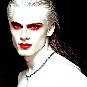 The Vampire Lestat de Lioncourt, created by Anne Rice, is a fascinating and complex character in The Vampire Chronicles novels. He's known for his captivating blend of vampiric existence and a lingering humanity. From Interview with a Vampire, The Vampire Lestat, and Queen of the Damned novels. I've created a series of images that I feel represent the man behind the vampire. In the midst of the darkness, a scary figure emerges with an aura of power and magnetism. Around his neck, a bold silver necklace glimmers, adding a touch of regal elegance to his dark ensemble. His lips, a vivid shade of red, open slightly to reveal his true nature, as he reveals his fangs, and a predatory grin from his stunningly handsome face, hinting at his primal nature. Strands of hair cascade around his face, capturing the silvery glow of the bright moonlight, and adding a touch of mystery to his intense visage, as they blow back in the wind.