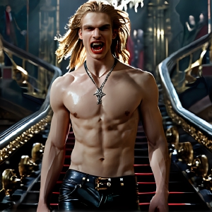 The Vampire Lestat de Lioncourt, created by Anne Rice, is a fascinating and complex character in The Vampire Chronicles novels. He's known for his captivating blend of vampiric existence and a lingering humanity. From Interview with a Vampire, The Vampire Lestat, and Queen of the Damned novels. I've created a series of images that I feel represent the man behind the vampire. In the midst of the darkness, a scary figure emerges with an aura of power and magnetism. Around his neck, a bold silver necklace glimmers, adding a touch of regal elegance to his dark ensemble. His lips, a vivid shade of red, open slightly to reveal his true nature, as he reveals his fangs, and a predatory grin from his stunningly handsome face, hinting at his primal nature. Strands of hair cascade around his face, capturing the silvery glow of the bright moonlight, and adding a touch of mystery to his intense visage, as they blow back in the wind.