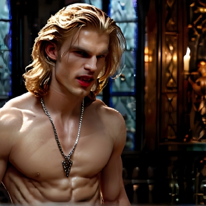 The Vampire Lestat de Lioncourt, created by Anne Rice, is a fascinating and complex character in The Vampire Chronicles novels. He's known for his captivating blend of vampiric existence and a lingering humanity. From Interview with a Vampire, The Vampire Lestat, and Queen of the Damned novels. I've created a series of images that I feel represent the man behind the vampire. In the midst of the darkness, a scary figure emerges with an aura of power and magnetism. Around his neck, a bold silver necklace glimmers, adding a touch of regal elegance to his dark ensemble. His lips, a vivid shade of red, open slightly to reveal his true nature, as he reveals his fangs, and a predatory grin from his stunningly handsome face, hinting at his primal nature. Strands of hair cascade around his face, capturing the silvery glow of the bright moonlight, and adding a touch of mystery to his intense visage, as they blow back in the wind.