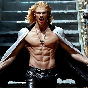 The Vampire Lestat de Lioncourt, created by Anne Rice, is a fascinating and complex character in The Vampire Chronicles novels. He's known for his captivating blend of vampiric existence and a lingering humanity. From Interview with a Vampire, The Vampire Lestat, and Queen of the Damned novels. I've created a series of images that I feel represent the man behind the vampire. In the midst of the darkness, a scary figure emerges with an aura of power and magnetism. Around his neck, a bold silver necklace glimmers, adding a touch of regal elegance to his dark ensemble. His lips, a vivid shade of red, open slightly to reveal his true nature, as he reveals his fangs, and a predatory grin from his stunningly handsome face, hinting at his primal nature. Strands of hair cascade around his face, capturing the silvery glow of the bright moonlight, and adding a touch of mystery to his intense visage, as they blow back in the wind.