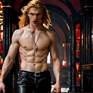 The Vampire Lestat de Lioncourt, created by Anne Rice, is a fascinating and complex character in The Vampire Chronicles novels. He's known for his captivating blend of vampiric existence and a lingering humanity. From Interview with a Vampire, The Vampire Lestat, and Queen of the Damned novels. I've created a series of images that I feel represent the man behind the vampire. In the midst of the darkness, a scary figure emerges with an aura of power and magnetism. Around his neck, a bold silver necklace glimmers, adding a touch of regal elegance to his dark ensemble. His lips, a vivid shade of red, open slightly to reveal his true nature, as he reveals his fangs, and a predatory grin from his stunningly handsome face, hinting at his primal nature. Strands of hair cascade around his face, capturing the silvery glow of the bright moonlight, and adding a touch of mystery to his intense visage, as they blow back in the wind.