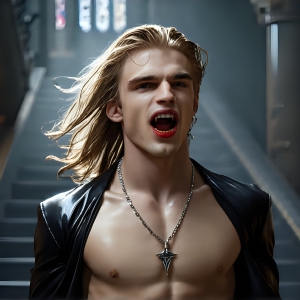 The Vampire Lestat de Lioncourt, created by Anne Rice, is a fascinating and complex character in The Vampire Chronicles novels. He's known for his captivating blend of vampiric existence and a lingering humanity. From Interview with a Vampire, The Vampire Lestat, and Queen of the Damned novels. I've created a series of images that I feel represent the man behind the vampire. In the midst of the darkness, a scary figure emerges with an aura of power and magnetism. Around his neck, a bold silver necklace glimmers, adding a touch of regal elegance to his dark ensemble. His lips, a vivid shade of red, open slightly to reveal his true nature, as he reveals his fangs, and a predatory grin from his stunningly handsome face, hinting at his primal nature. Strands of hair cascade around his face, capturing the silvery glow of the bright moonlight, and adding a touch of mystery to his intense visage, as they blow back in the wind.