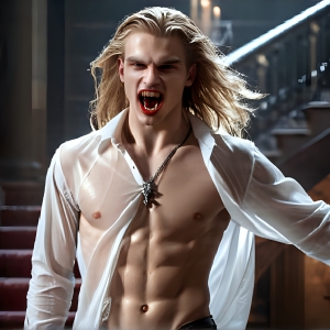 The Vampire Lestat de Lioncourt, created by Anne Rice, is a fascinating and complex character in The Vampire Chronicles novels. He's known for his captivating blend of vampiric existence and a lingering humanity. From Interview with a Vampire, The Vampire Lestat, and Queen of the Damned novels. I've created a series of images that I feel represent the man behind the vampire. In the midst of the darkness, a scary figure emerges with an aura of power and magnetism. Around his neck, a bold silver necklace glimmers, adding a touch of regal elegance to his dark ensemble. His lips, a vivid shade of red, open slightly to reveal his true nature, as he reveals his fangs, and a predatory grin from his stunningly handsome face, hinting at his primal nature. Strands of hair cascade around his face, capturing the silvery glow of the bright moonlight, and adding a touch of mystery to his intense visage, as they blow back in the wind.