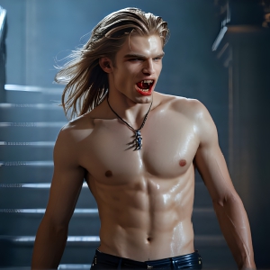 The Vampire Lestat de Lioncourt, created by Anne Rice, is a fascinating and complex character in The Vampire Chronicles novels. He's known for his captivating blend of vampiric existence and a lingering humanity. From Interview with a Vampire, The Vampire Lestat, and Queen of the Damned novels. I've created a series of images that I feel represent the man behind the vampire. In the midst of the darkness, a scary figure emerges with an aura of power and magnetism. Around his neck, a bold silver necklace glimmers, adding a touch of regal elegance to his dark ensemble. His lips, a vivid shade of red, open slightly to reveal his true nature, as he reveals his fangs, and a predatory grin from his stunningly handsome face, hinting at his primal nature. Strands of hair cascade around his face, capturing the silvery glow of the bright moonlight, and adding a touch of mystery to his intense visage, as they blow back in the wind.