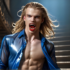 The Vampire Lestat de Lioncourt, created by Anne Rice, is a fascinating and complex character in The Vampire Chronicles novels. He's known for his captivating blend of vampiric existence and a lingering humanity. From Interview with a Vampire, The Vampire Lestat, and Queen of the Damned novels. I've created a series of images that I feel represent the man behind the vampire. In the midst of the darkness, a scary figure emerges with an aura of power and magnetism. Around his neck, a bold silver necklace glimmers, adding a touch of regal elegance to his dark ensemble. His lips, a vivid shade of red, open slightly to reveal his true nature, as he reveals his fangs, and a predatory grin from his stunningly handsome face, hinting at his primal nature. Strands of hair cascade around his face, capturing the silvery glow of the bright moonlight, and adding a touch of mystery to his intense visage, as they blow back in the wind.