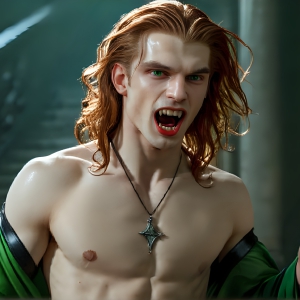 The Vampire Lestat de Lioncourt, created by Anne Rice, is a fascinating and complex character in The Vampire Chronicles novels. He's known for his captivating blend of vampiric existence and a lingering humanity. From Interview with a Vampire, The Vampire Lestat, and Queen of the Damned novels. I've created a series of images that I feel represent the man behind the vampire. In the midst of the darkness, a scary figure emerges with an aura of power and magnetism. Around his neck, a bold silver necklace glimmers, adding a touch of regal elegance to his dark ensemble. His lips, a vivid shade of red, open slightly to reveal his true nature, as he reveals his fangs, and a predatory grin from his stunningly handsome face, hinting at his primal nature. Strands of hair cascade around his face, capturing the silvery glow of the bright moonlight, and adding a touch of mystery to his intense visage, as they blow back in the wind.