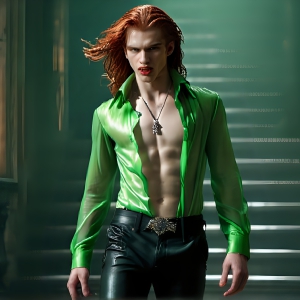 The Vampire Lestat de Lioncourt, created by Anne Rice, is a fascinating and complex character in The Vampire Chronicles novels. He's known for his captivating blend of vampiric existence and a lingering humanity. From Interview with a Vampire, The Vampire Lestat, and Queen of the Damned novels. I've created a series of images that I feel represent the man behind the vampire. In the midst of the darkness, a scary figure emerges with an aura of power and magnetism. Around his neck, a bold silver necklace glimmers, adding a touch of regal elegance to his dark ensemble. His lips, a vivid shade of red, open slightly to reveal his true nature, as he reveals his fangs, and a predatory grin from his stunningly handsome face, hinting at his primal nature. Strands of hair cascade around his face, capturing the silvery glow of the bright moonlight, and adding a touch of mystery to his intense visage, as they blow back in the wind.